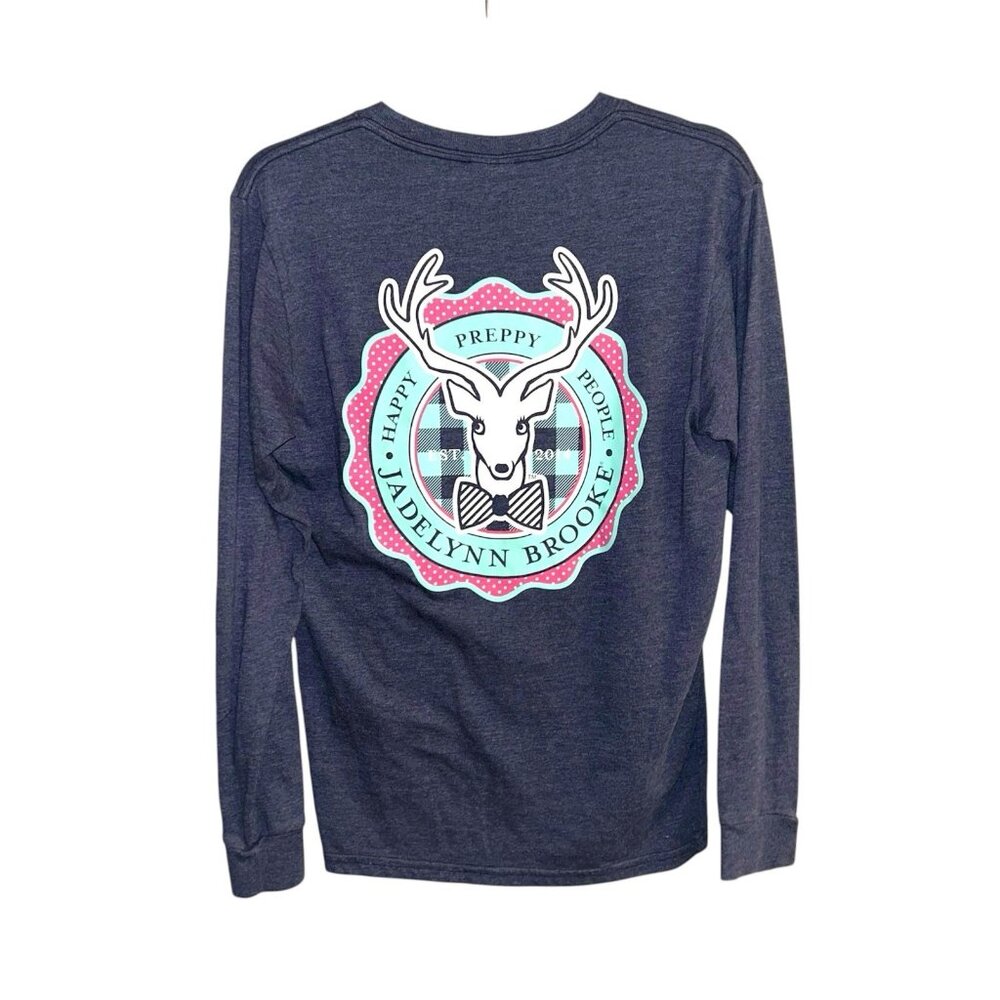 Jadelynn Brooke Blue Happy Preppy People Deer Long Sleeve T-Shirt Size Small